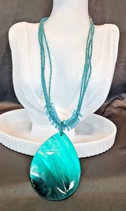 Beachy Coastal Turquoise Teardrop Shell Disc Pendant Multi Strand Glass Necklace - Picture 1 of 7
