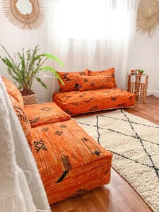 MOROCCAN DREAMY ORANGE COUCHES POUFS HANDMADE CUSHION ZIPPED POUCHES - Picture 1 of 22