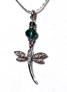 925 Sterling Silver Dragonfly 18” Necklace with Green crystal beads - Picture 1 of 4