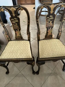 Pair Of Antique 19th Century Black lacquer Chinoiserie Queen Anne Side Chairs - Picture 1 of 8