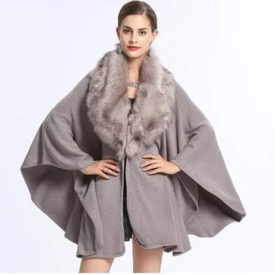 Faux Fox Fur Collar Loose Ladies Oversize Knitted Cape Poncho Western Overcoat  - Image 1 of 4