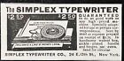 Original 1895 Simplex Typewriter $2.50 Small Vtg Print Ad Of Old Writing Machine