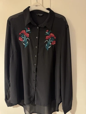 New Look Talk Size 16 Black Sheer Blouse With Floral Embroidery - Image 1 of 2