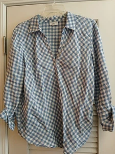 J.Jill Love Linen Blue White Gingham Check Long Sleeve Shirt Size Medium Beachy - Picture 1 of 4