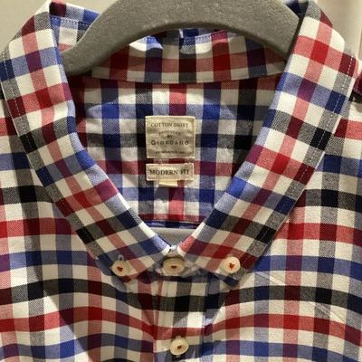 Camisa Giordano Para Hombres Manga Corta XL Bolsillo Rojo Blanco y Azul Cuadros Ajuste Moderno Foto 1 de 4