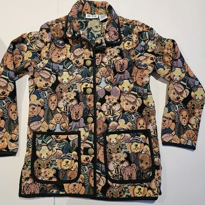 Винтажный BLAIR женщин гобелен плюшевый медведь куртка бабушка Artsy искусства носить богемное маленький - Изображение 1 из 4