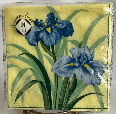 MESAFINA Iris Blue Yellow Cocktail Napkins 20 Ct Triple Ply Paper Floral Party - Image 1 of 4
