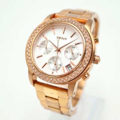 DKNY Womens Rose Gold Tone Chronograph Watch 38mm MOP Date Dial Steel Bracelet - Image 1 of 4