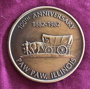1982 Paw Paw Illinois 100th Anniversary Centennial Bronze Token Coin - Picture 1 of 4