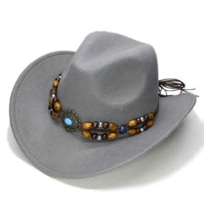 Sombrero de vaquero y vaquera gris - ala ancha, correa de cuentas marrón, aspecto retro occidental Foto 1 de 3