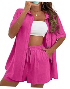 Women Summer Cotton Linen Short Sets 2 Piece Shorts Top Lounge Medium Rosered - Picture 1 of 7