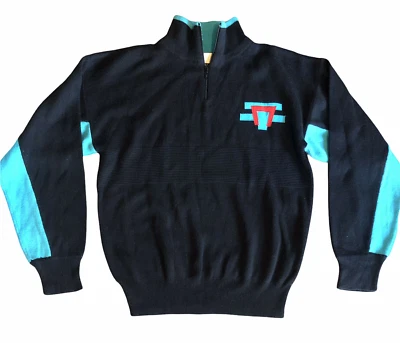 Suéter Vintage Años 80 Ciervo Blanco Para Hombre 1/4 Cremallera Mezcla Lana Negro Verde azulado Talla L Foto 1 de 4