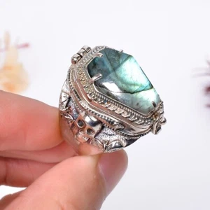 Labradorite Gemstone Handmade Coffin Poison Ring, 925 Silver Coffin Poison Ring - Picture 1 of 4