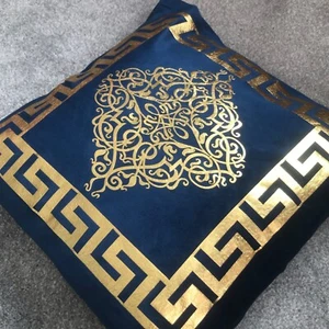 4 x Velvet Cushion Cover Pillow Arabic Blue Gold Geometric Design - Picture 1 of 6