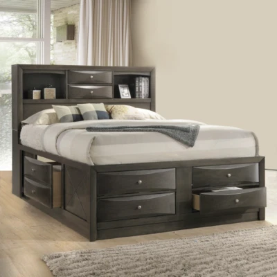 NEW 8 Drawers Storage Gray Queen King Bed Contemporary Modern Bedroom Furniture - Image 1 of 4