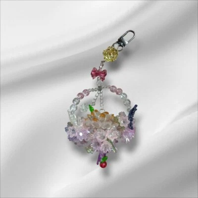 Llavero Cesta Flor Cuentas Cristal Hecho a Mano | Bolso Kawaii Pastel Dije Corte Y2K Foto 1 de 2