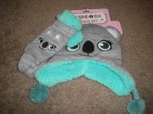 Limited Too gray knit bear hat with green fleece lining & matching mittens NWT - Picture 1 of 1