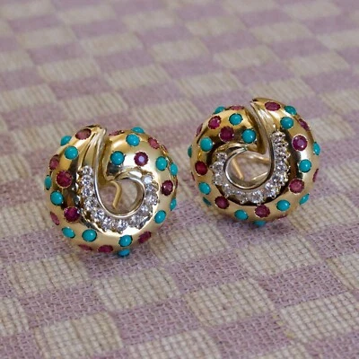 ESTATE 18K YELLOW GOLD 4.50 CARAT GEMSTONE & DIAMOND (VS/G) OMEGA POST EARRINGS - Image 1 of 4