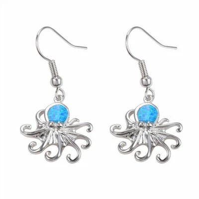 Awesome New Silver Plated Blue Simulated Fire Opal Octopus Hook Dangle Earrings - Image 1 of 4