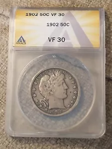 1902 Silver Barber Half Dollar, ANACS VF 30, Strong for the Grade - Picture 1 of 3