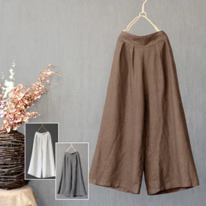 Women's Summer Cotton Linen Wide Legs Pants Casual Baggy Palazzo Trousers Size - Picture 1 of 17