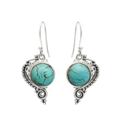 Natural Turquoise Gemstone Solid 925 Silver Artisan Handmade Earrings P16 - Image 1 of 4