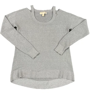 MICHAEL KORS Sweater S Silver Metallic Shimmer Cold Shoulder Cut Out Tunic Hi Lo - Picture 1 of 22