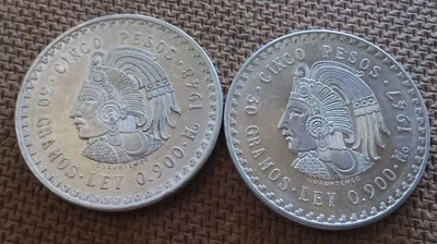 PRIMEROS 5 PESOS DE MÉXICO 1947 Y 1948: EMPERADOR AZTECA PLATA .900, 60 Gms. TW Foto 1 de 2