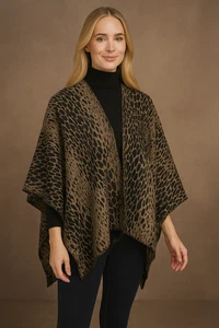 Animal Print Shawl Poncho Wrap Boho Leopard Open Front Cape One Size 54"x31" - Picture 1 of 5