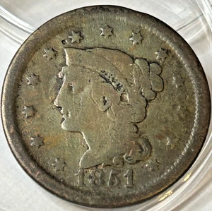 1851 Coronet Head Large Cent, Large Date Coin, Over Date gestempelt, viel benutzt! - Bild 1 von 4