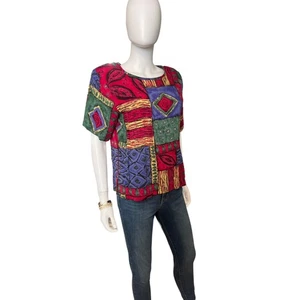 Vintage 90s Jessica Stevens Purple Fuchsia Graphic Geometric 80s Top, M - Picture 1 of 5