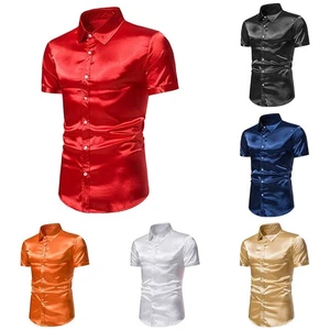 Dress Men Shirt Luxury Satin Silk Tops Shirts Wedding Prom - Picture 1 of 15