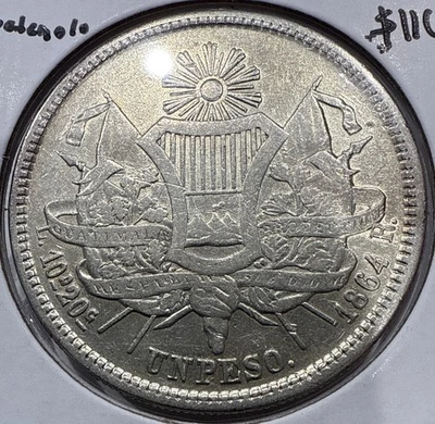 1864 Un Peso Republica De Guatemala Silver Crown Sized Coin - Image 1 of 4