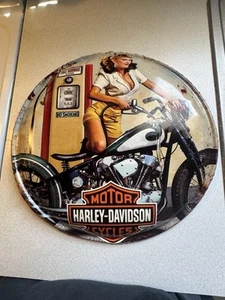 Harley Davidson Full Service Fuel Babe Motorcycle Round Tin Sign - Picture 1 of 6