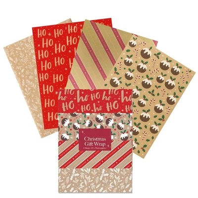 SHOP4ALLSORTS 8 Christmas Wrapping Paper Sheets Kraft Effect Traditional Gift Wrap 50cm x 70cm