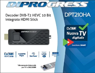 DECODER DIGITALE TERRESTRE DIPROGRESS DVB-T2 HEVC HDMI STICK - DPT210HA - NERO - Immagine 1 di 4