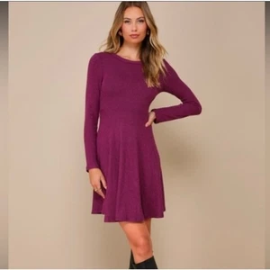 Lulu's Long Sleeved Mauve Purple Fit And Flare Soft Ribbed Skater Dress size L - Picture 1 of 5