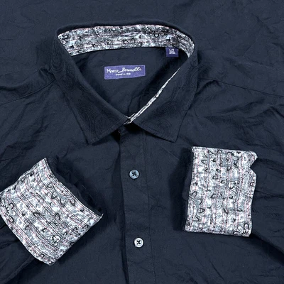 Marco Brunelli 衬衫男式大号黑色纽扣翻盖袖口意大利制造佩斯利 — 第 1/4 张图片