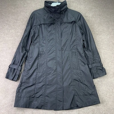 Chaqueta gabardina de lluvia con cinturón de nailon negra para mujer Cole Haan talla L Foto 1 de 4
