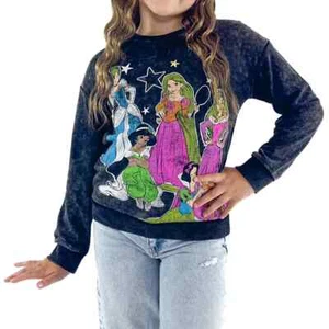 Disney Princess Girls Mineral Washed Crewneck Pullover Size M 8 Black Multi - Picture 1 of 7
