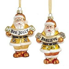 Set of 2 Glass Gold and White Santa With Banner Ornaments w