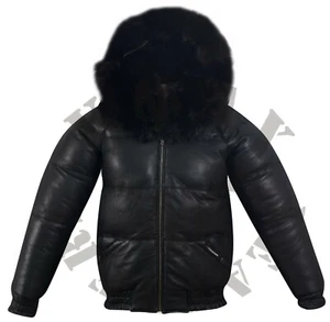 Men's Puffer Bomber Sheepskin Leather Jacket Removable Raccoon Fur Collar & Hood - Picture 1 of 17
