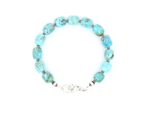 Blue Turquoise 9 X 10mm Barrel Bead Bracelet with Heavy Matrix in Sterling Silve - Picture 1 of 4