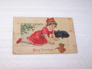 Vtg 1930 Christmas postcard pre owned used Loganville WI young girl kittens cats - Picture 1 of 2