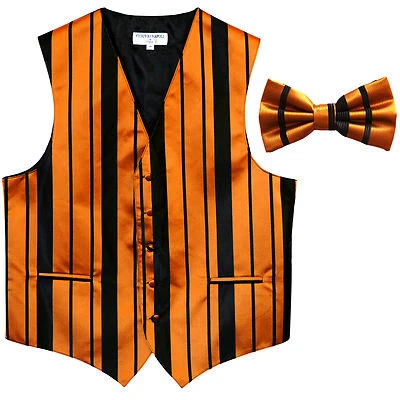 New formal men's tuxedo vest waistcoat & bowtie vertical stripes black gold prom - Image 1 of 4