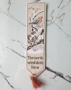 Silk Bookmark Robin Bird Snow The North Wind doth Blow Nursery Rhyme Berisfords - Picture 1 of 3