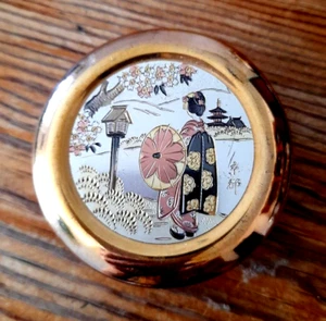 Vintage Chokin Japanese Trinket Box Black Gold Porcelain - Geisha Design - Picture 1 of 8