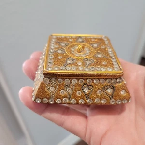 Vintage Pier 1 Jeweled Trinket Box Square Hexagon Jewelry Small 3x3x1 Gold Boho - Bild 1 von 10