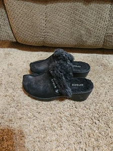 Womens Black Suede Crocs Cobbler Slip On Faux Fur Lined Heeled Mules Size 6 - Picture 1 of 7