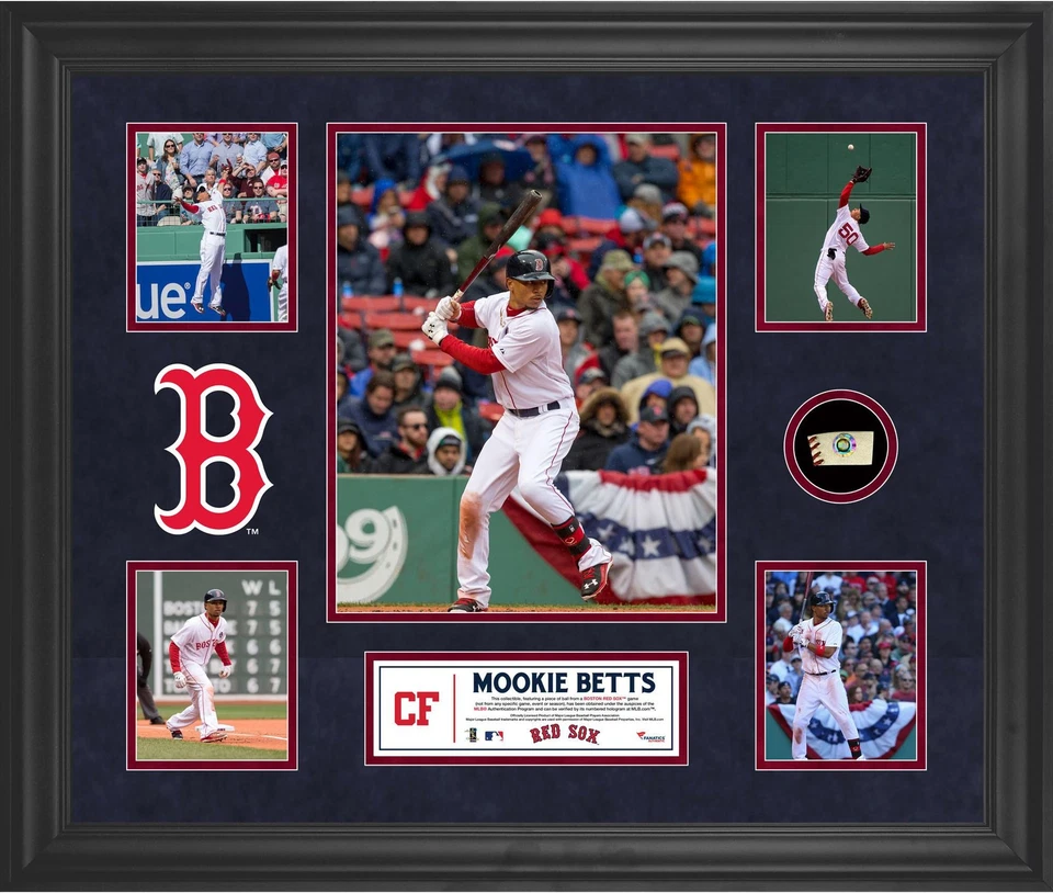 Mookie Betts Red Sox Framed 5-Photo Collage w/a Piece of GU Baseball - Image 1 of 1